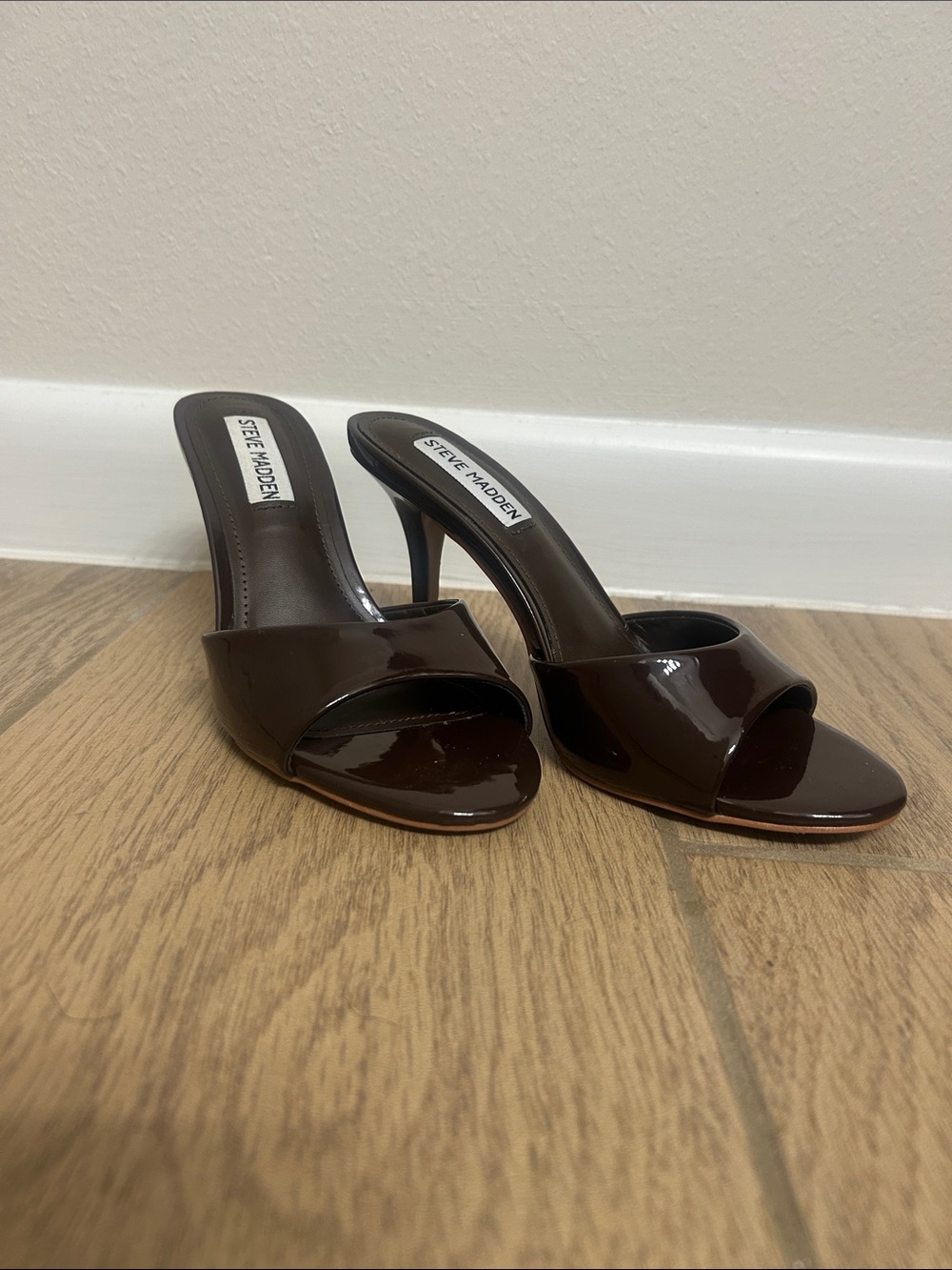 Steve Madden Dark Brown Patent Open-Toe Heeled Slides